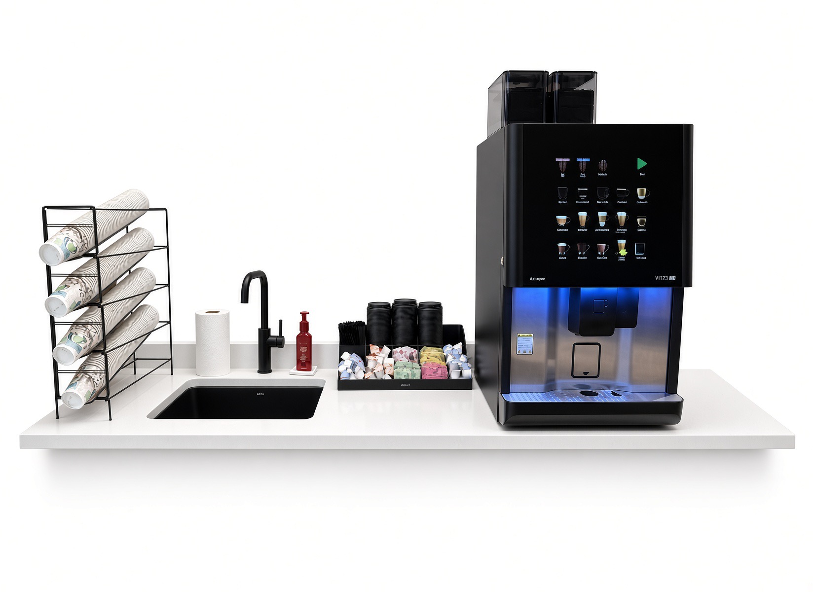 Azkoyen bean-to-cup coffee brewer with cups and condiments in a break room